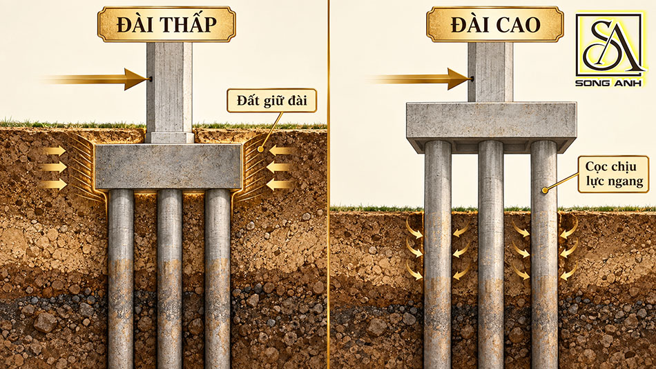 sự khác biệt giữa móng cọc đài thấp và đài cao